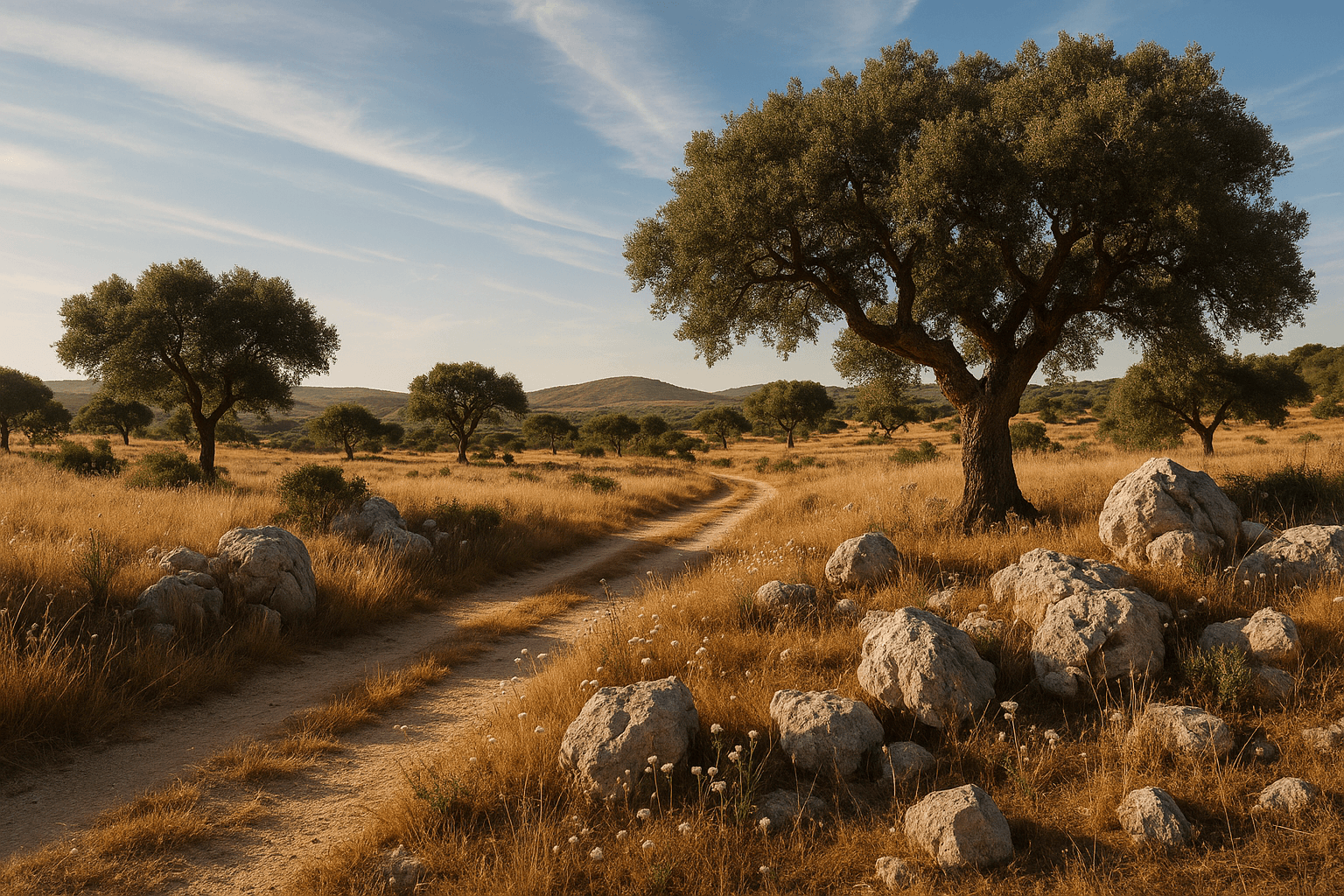 Portuguese terrain with cork oak trees and rolling hills